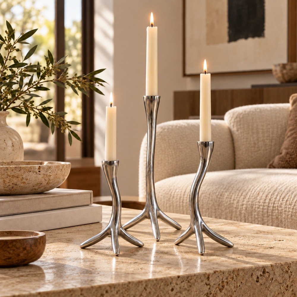 Vintage 1990s Modernist Zoomorphic Metal Candlestick Holders Set of 3 Sculptural
